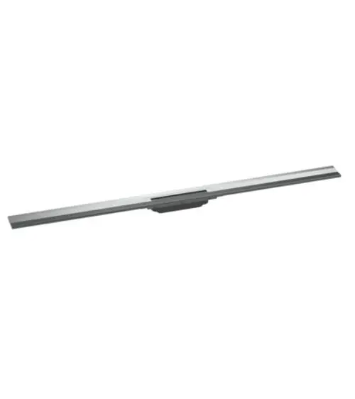 Duschrinne in Chromfarbe, flach und schmal mit einer mittigen Halterung. Geeignet zur Wandmontage, hergestellt von Hansgrohe.